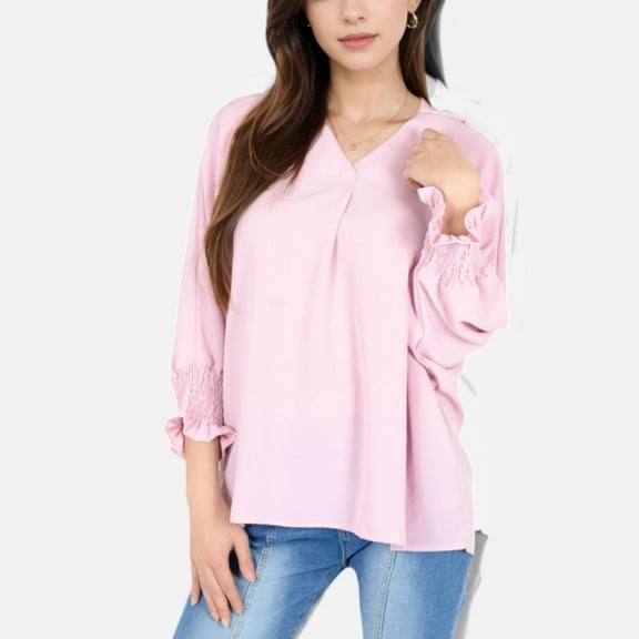 Women's V-Neck Blouse with 3/4 Lantern Sleeves and Ruffle Cuffs - X Large, Pink