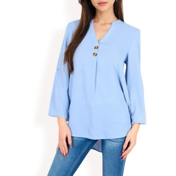 Women's V-Neck Blouse with Button Accents and Roll-Up Sleeves- Blue,Medium