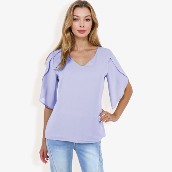 Women's V-Neck Blouse with Layered Split Flutter Sleeves and Relaxed Fit - Medium, Lavender