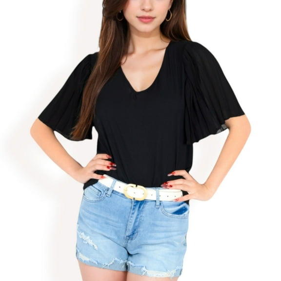 Women's V-Neck Blouse with Pleated Chiffon Flutter Sleeves- Black,Small