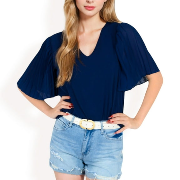 Women's V-Neck Blouse with Pleated Chiffon Flutter Sleeves- Navy,Large