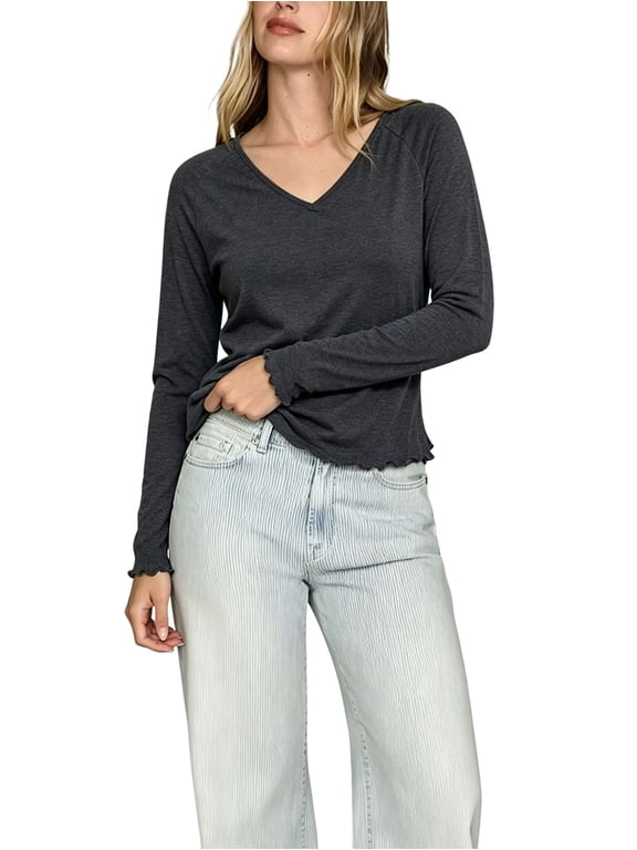 Women's V-Neck Blouses Raglan Long Sleeve Ruffled Trim Cropped Fitted Base Layer Tops Dark Gray XL