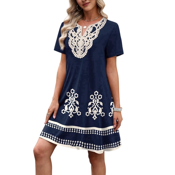 Women's V-Neck Bohemian Floral Print Short Sleeve Tunic Dress S