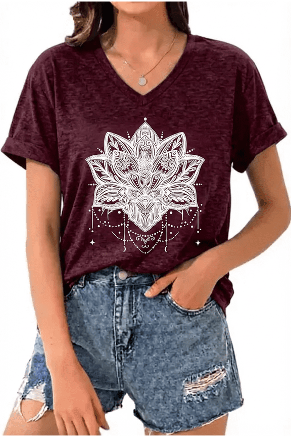 Women's V-Neck Boho Lotus Floral womens t shirts graphic