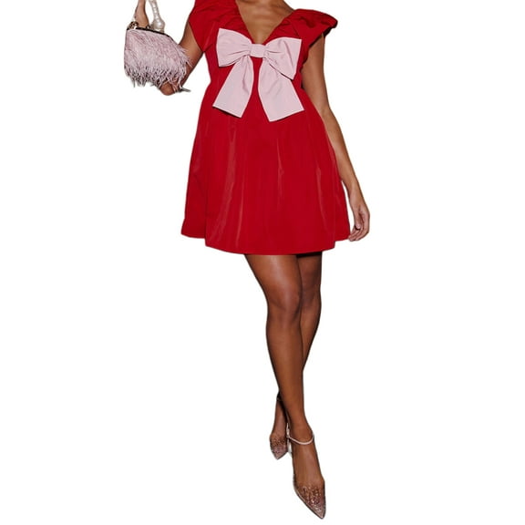 Women's V Neck Bow Front Short Dress Y2k Ruffle Sleeveless Backless Flowy Swing Mini Dress Cocktail Party Dress Valentine’s Day Dresses