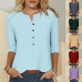 thumbnail image 1 of Women's V Neck Button Down 3/4 Sleeve Tops Shirts Blouses Loose Fit Casual Daily Wear Solid Color Soft Fashion Essential Gift for Women | Sopatenor,Light Blue XL, 1 of 8