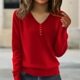 thumbnail image 1 of Women's V-Neck Button Detail Knit Sweater, Loose Fit Long Sleeve Pullover with Slimming Effect, Plus Size Soft Blouse for Layering and Outer Wear, 2025 Casual Comfortable Daily Top Red S, 1 of 7