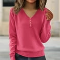 thumbnail image 1 of Women's V-Neck Button Detail Knit Sweater, Loose Fit Long Sleeve Pullover with Slimming Effect, Plus Size Soft Blouse for Layering and Outer Wear, 2025 Casual Comfortable Daily Top Pink XL, 1 of 6