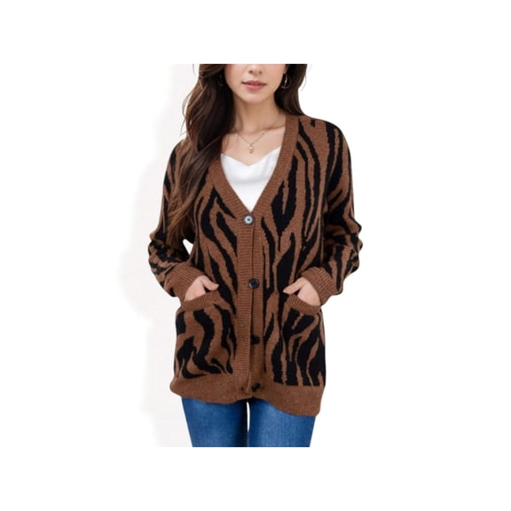 Women's V-Neck Button-Down Cardigan with Front Pockets and Relaxed Fit - Small, Brown