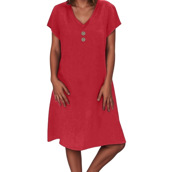 Women's V-Neck Button Down Dress, Loose Fit Summer Casual Midi,Red,L