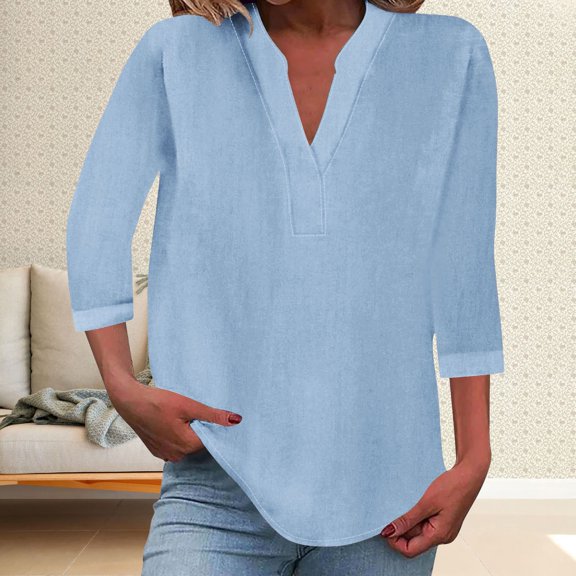 Women's V Neck Button Down Henley Top - 3/4 Sleeve Loose Fit Linen Blend Beach Shirt for Summer, Casual & Vacation