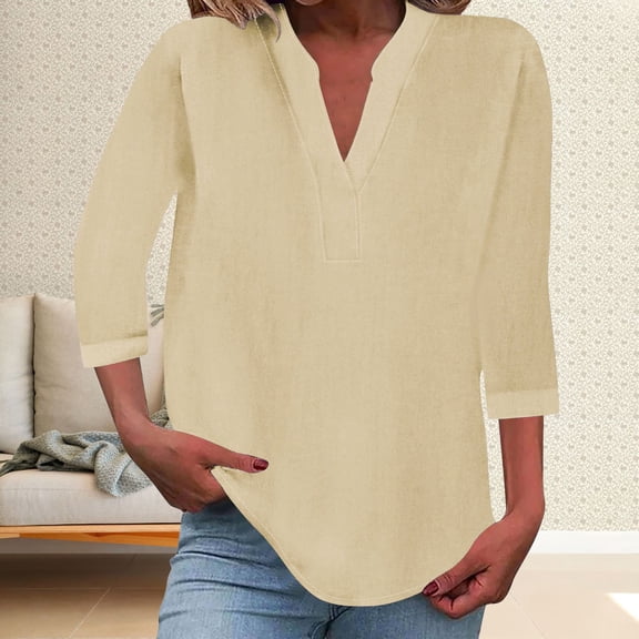 Women's V Neck Button Down Henley Top - 3/4 Sleeve Loose Fit Linen Blend Beach Shirt for Summer, Casual & Vacation