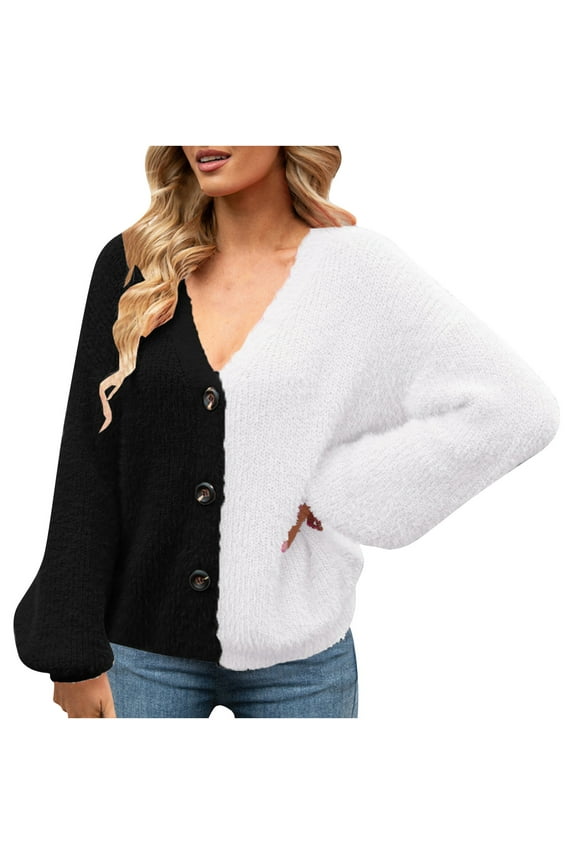 Women's V Neck Button Down Long Sleeve Fuzzy Knit Cardigan Sweaters Patchwork Casual Comfy Fall Outerwear Tops