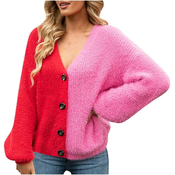 Women's V Neck Button Down Long Sleeve Fuzzy Knit Cardigan Sweaters Patchwork Casual Comfy Fall Outerwear Tops