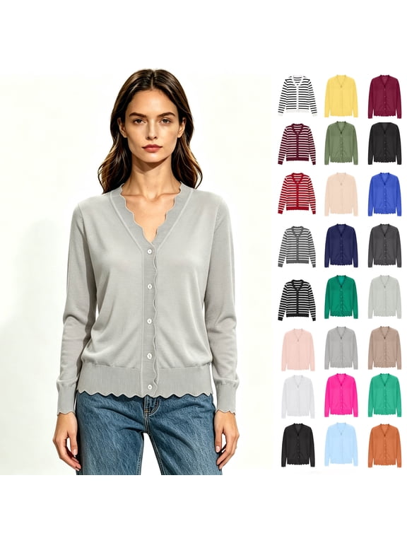 Women's V-Neck Button Down Long Sleeve Knit Cardigan, Lightweight Soft Layering Front Sweaters,Size S-2XL