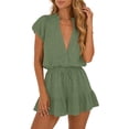 thumbnail image 1 of Women's V-Neck Button Down Ruffle Hem Short Jumpsuit Puff Sleeve Drawstring Waist Casual Romper Short for 2026 Summer Vacation Lounge Wear, 1 of 5