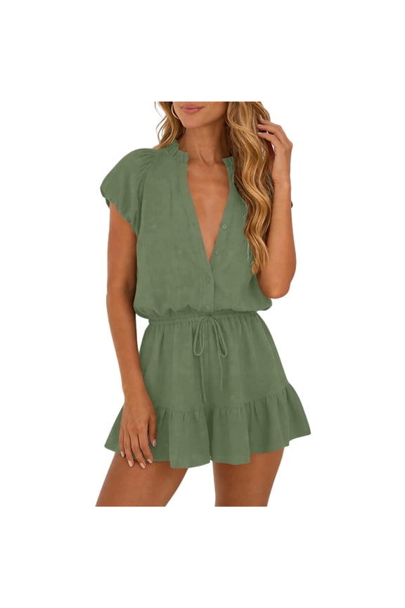 Women's V-Neck Button Down Ruffle Hem Short Jumpsuit Puff Sleeve Drawstring Waist Casual Romper Short for 2026 Summer Vacation Lounge Wear