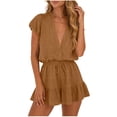 thumbnail image 1 of Women's V-Neck Button Down Ruffle Hem Short Jumpsuit Puff Sleeve Drawstring Waist Casual Romper Short for 2026 Summer Vacation Lounge Wear, 1 of 5