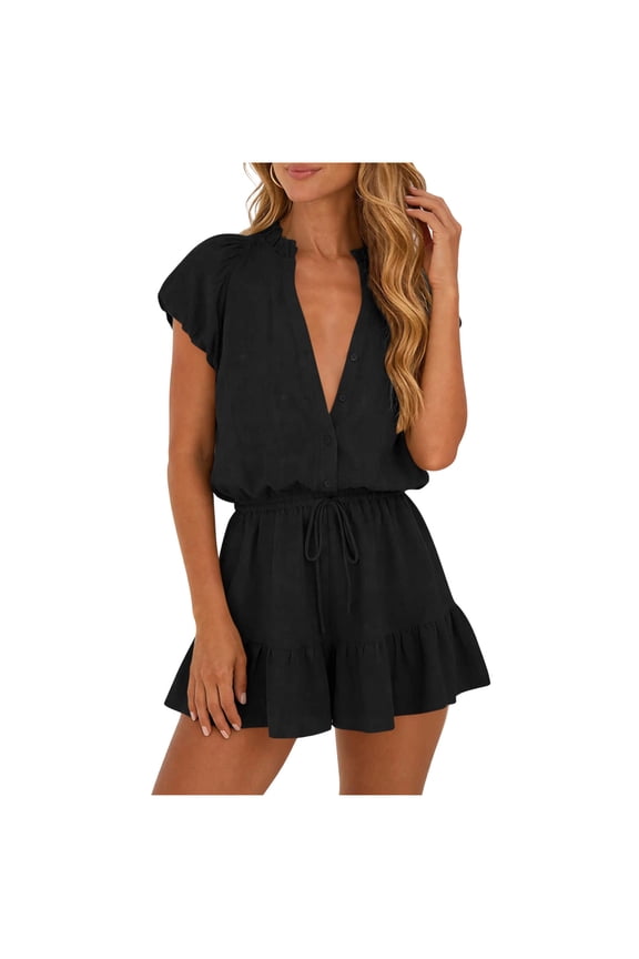 Women's V-Neck Button Down Ruffle Hem Short Jumpsuit Puff Sleeve Drawstring Waist Casual Romper Short for 2026 Summer Vacation Lounge Wear