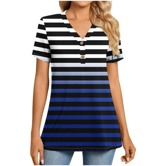 Women's V-Neck Button Down Tee Short Sleeve Tie Dye Ombre Top Gradient Color Casual Blouse Comfortable for Everyday