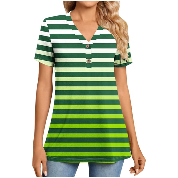 Women's V-Neck Button Down Tee Short Sleeve Tie Dye Ombre Top Gradient Color Casual Blouse Comfortable for Everyday