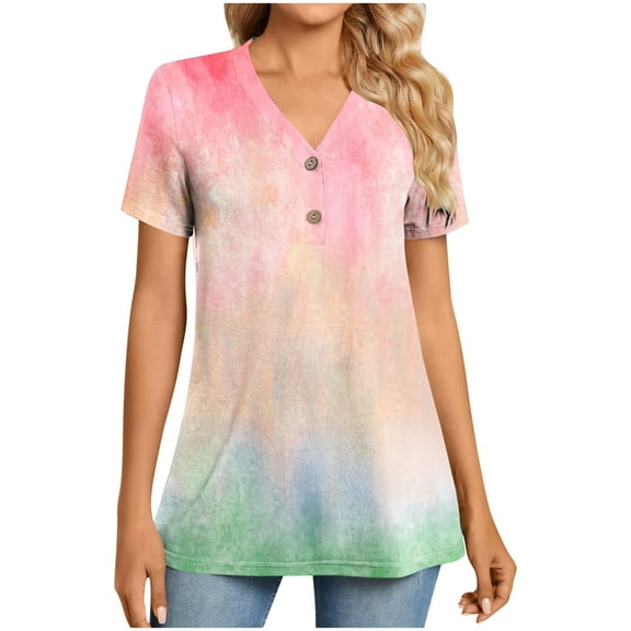 Women's V-Neck Button Down Tee Short Sleeve Tie Dye Ombre Top Gradient Color Casual Blouse Comfortable for Everyday