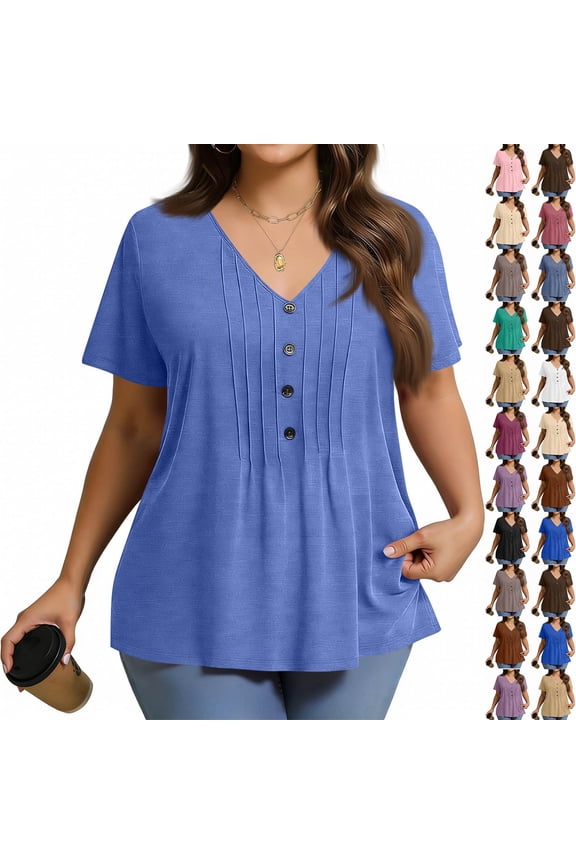 Women's V Neck Button Down Top With Pintuck Detail And Short Sleeves, Featuring Loose Fit Tunic, For Summer Casual Wear Purple L