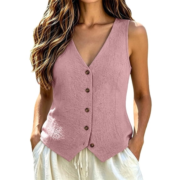 Women's V Neck Button Down Vest, Sleeveless Summer Knit Tank, Lightweight Casual Layering Top