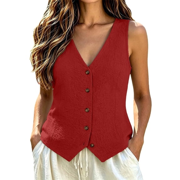 Women's V Neck Button Down Vest, Sleeveless Summer Knit Tank, Lightweight Casual Layering Top