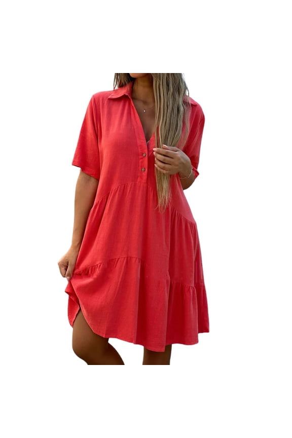 Women's V-Neck Button Dress Knee Length Loose Fit Dress for Beach Holiday, Travel & Smart Casual, Machine Washabl