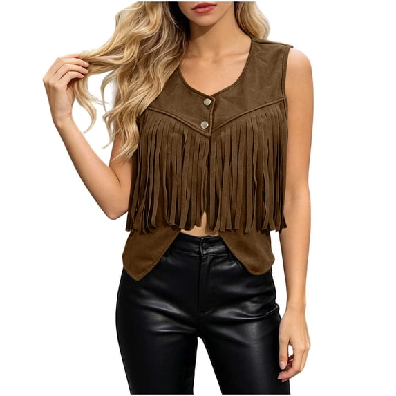 Women's V Neck Button Fringe Sleeveless Vest Solid Cropped Western Cowboy Casual Layering Waistcoat Jacket Army Green