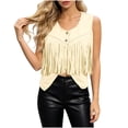 thumbnail image 1 of Women's V Neck Button Fringe Sleeveless Vest Solid Cropped Western Cowboy Casual Layering Waistcoat Jacket Beige, 1 of 5