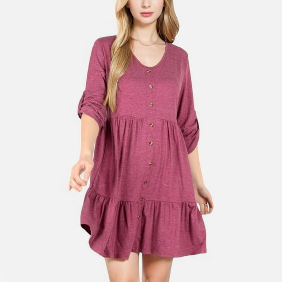 Women's V-Neck Button-Front Babydoll Dress with 3/4 Sleeves and Tiered Ruffle Hem - Large, Burgundy
