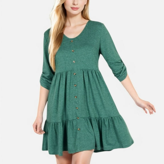 Women's V-Neck Button-Front Babydoll Dress with 3/4 Sleeves and Tiered Ruffle Hem - Large, Green