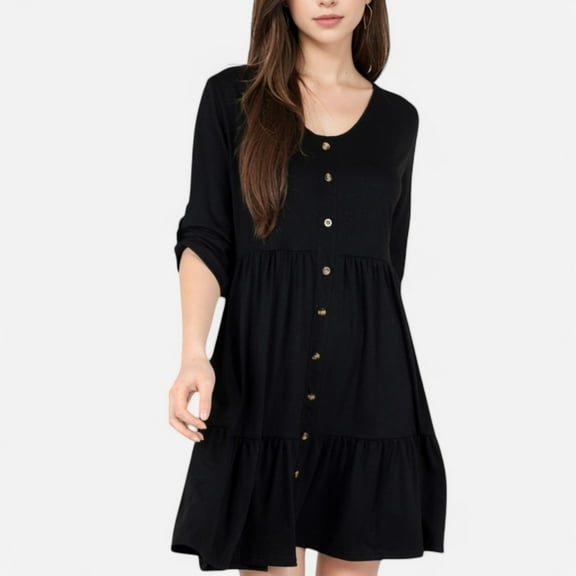 Women's V-Neck Button-Front Babydoll Dress with 3/4 Sleeves and Tiered Ruffle Hem - Medium, Black