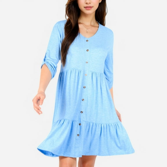 Women's V-Neck Button-Front Babydoll Dress with 3/4 Sleeves and Tiered Ruffle Hem - X Large, Blue