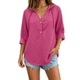 thumbnail image 1 of Women's V Neck Button Front Hoodie, Long Sleeve Drawstring Top, Casual Pullover Shirt for Spring Summer | CSEONE,Hot Pink XL, 1 of 9