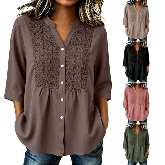Women's V-Neck Button Front Patchwork Top Modern Comfortable Fit For Everyday Wear