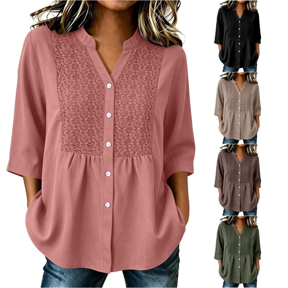 Women's V-Neck Button Front Patchwork Top Modern Comfortable Fit For Everyday Wear