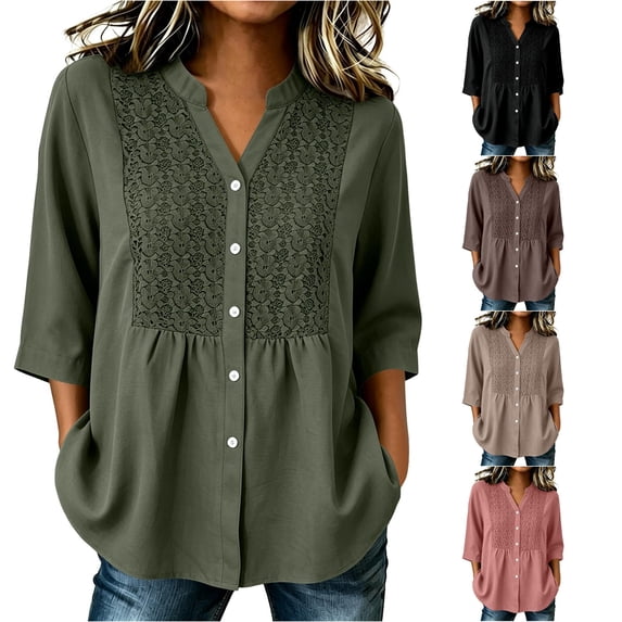 Women's V-Neck Button Front Patchwork Top Modern Comfortable Fit For Everyday Wear