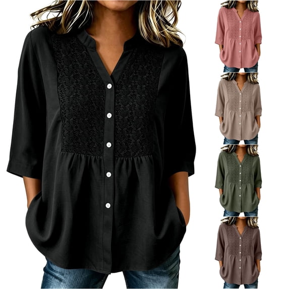 Women's V-Neck Button Front Patchwork Top Modern Comfortable Fit For Everyday Wear