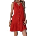 thumbnail image 1 of Women's V-Neck Button-Front Ruffle Hem Dress in Lightweight 100% Polyester Fabric for Everyday Wear Silhouette, 1 of 12