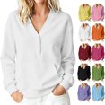 thumbnail image 1 of Women's V-Neck Button Front Sweatshirt Long Sleeve Pullover with Front Pocket Loose Fit Casual Top for Fall & Winter, 1 of 7