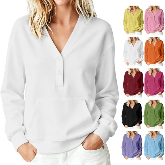 Women's V-Neck Button Front Sweatshirt Long Sleeve Pullover with Front Pocket Loose Fit Casual Top for Fall & Winter