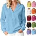 thumbnail image 1 of Women's V-Neck Button Front Sweatshirt Long Sleeve Pullover with Front Pocket Loose Fit Casual Top for Fall & Winter, 1 of 7