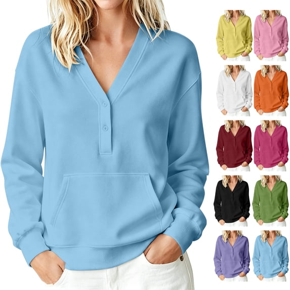 Women's V-Neck Button Front Sweatshirt Long Sleeve Pullover with Front Pocket Loose Fit Casual Top for Fall & Winter