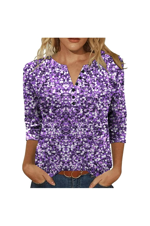 Women's V-Neck Button Front Three Quarter Sleeve Raglan T-Shirt Loose Comfortable Top