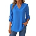 thumbnail image 1 of Women's V Neck Button Down Long Sleeve Tops Shirts Blouses Solid Color Casual Loose Fit Tunic for Business Office Work Travel Vacation Fashion Essential Gift for Women | CSEONE,Blue L, 1 of 3
