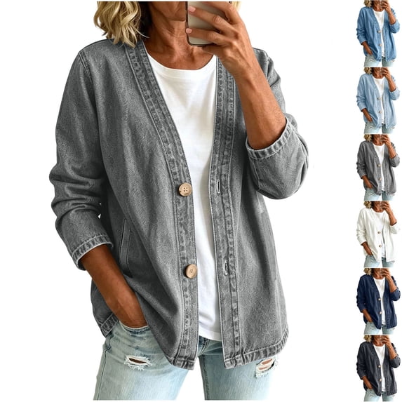 Women's V Neck Button Long Sleeve Washed Denim Cardigan Jacket with Side Pockets,Gray,Women's Plus Size XL