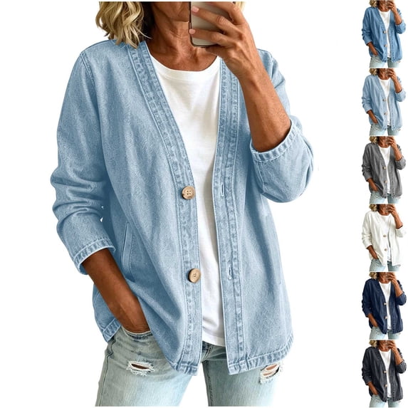 Women's V Neck Button Long Sleeve Washed Denim Cardigan Jacket with Side Pockets,Light Blue,Women's Plus Size M